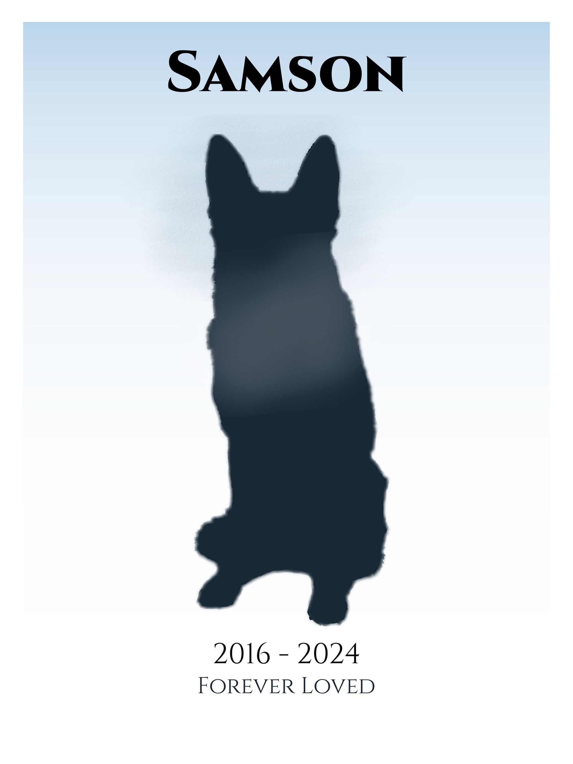 Watercolor pet memorial blanket with custom dog silhouette, name, dates, and Forever Loved phrase.