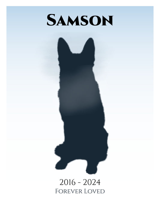 Watercolor pet memorial blanket with custom dog silhouette, name, dates, and Forever Loved phrase.